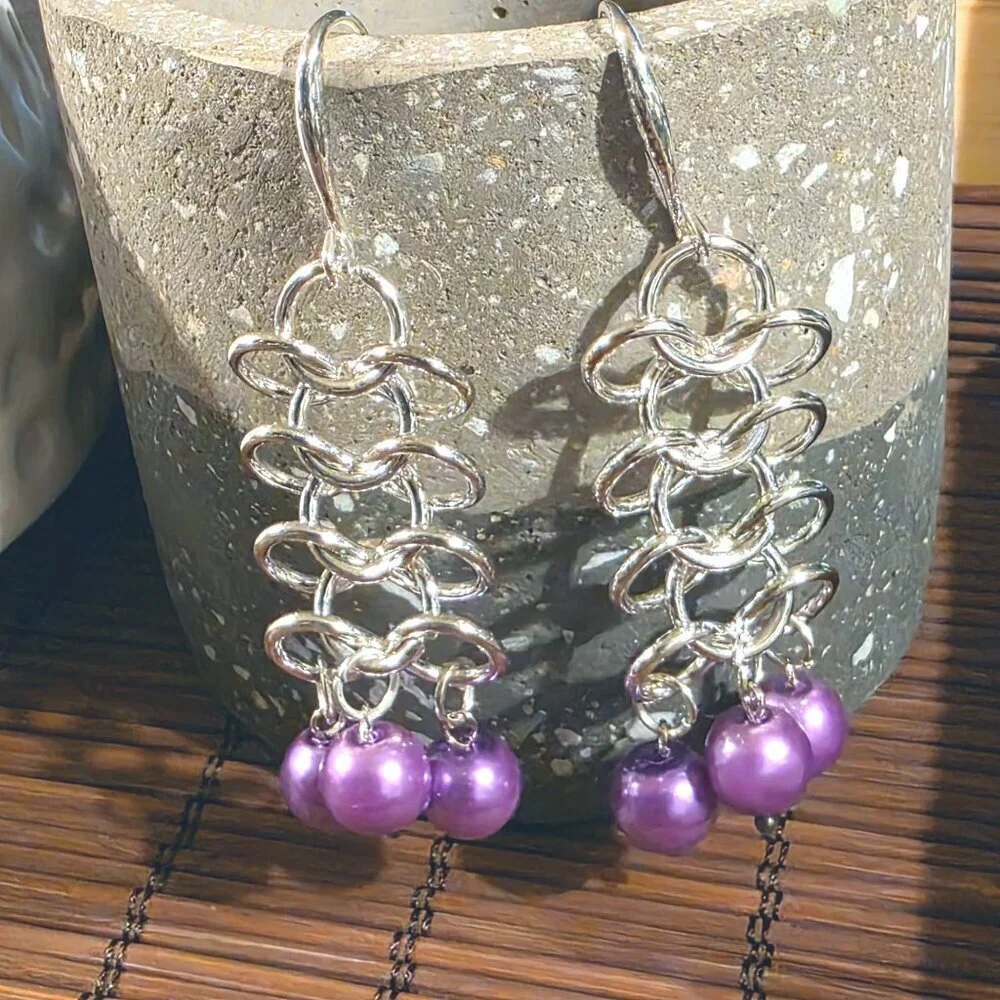 Handmade Berry Purple Glass Pearls Sterling Silver Plated Chainmaille Earrings